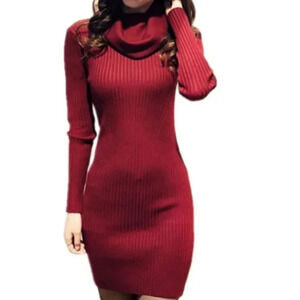 Cable knit RIBBED KNIT FITTED COWL NECK LONG SLEEVE SWEATER DRESS